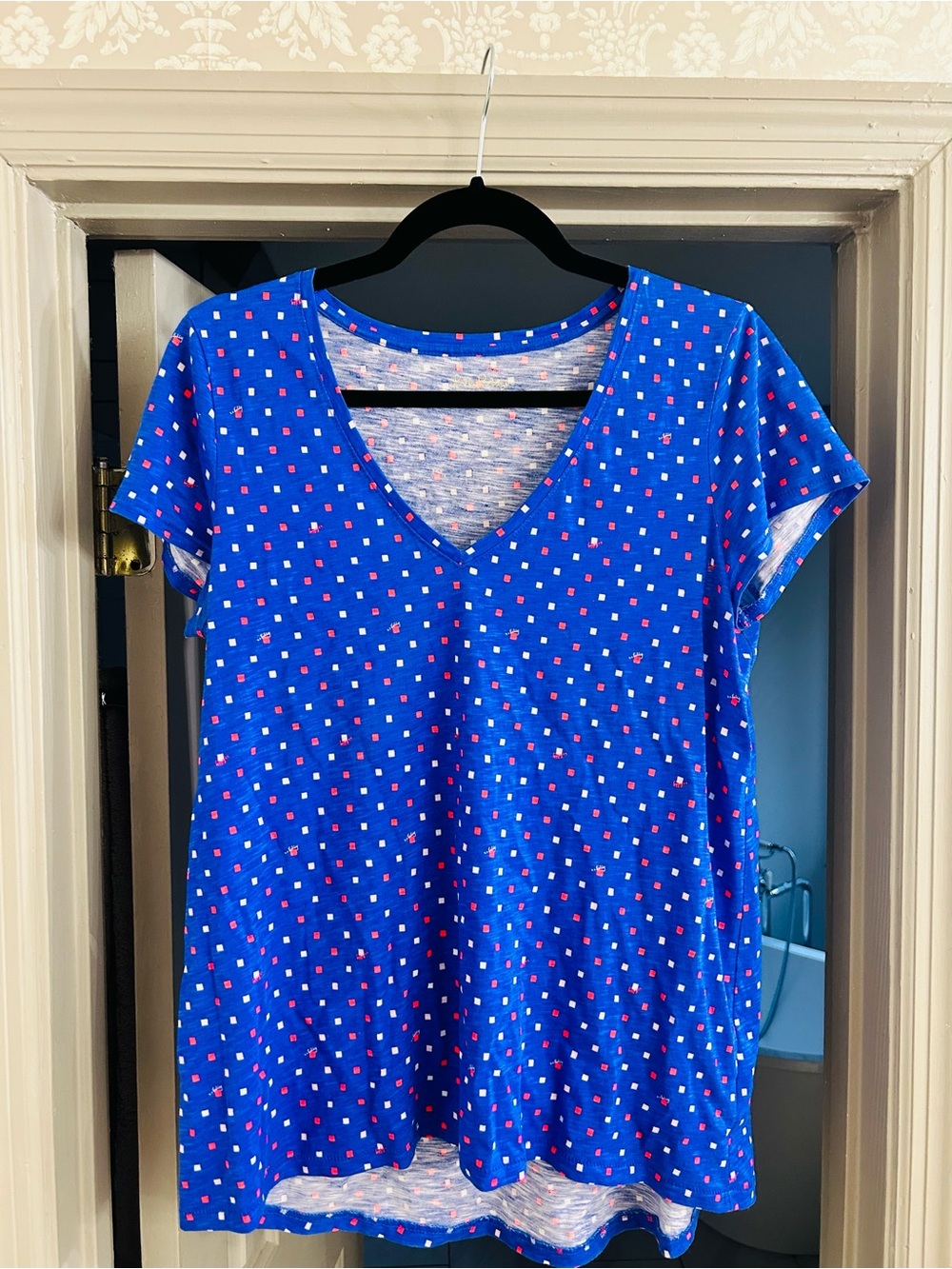 Lilly Pulitzer Etta V-Neck Top Borealis Blue Lilly Squared Size S